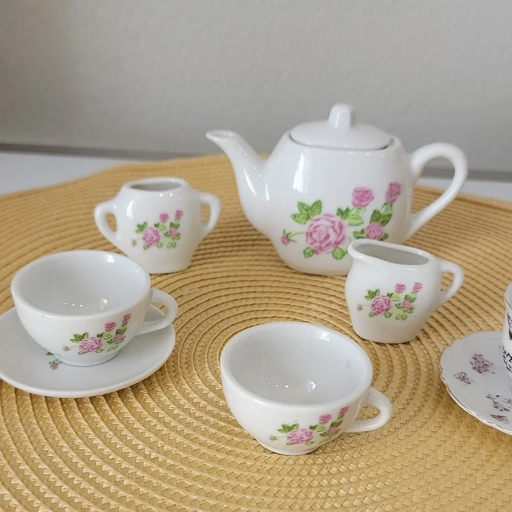 Vintage Miniature Porcelain Tea Set with Pink Rose Pattern